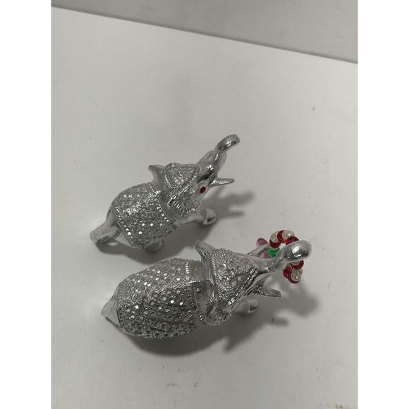 Lot 2 Brass Elephants W/ Stone Decor Mom & Baby Indian Luck Figures Silver Color - Picture 6 of 9